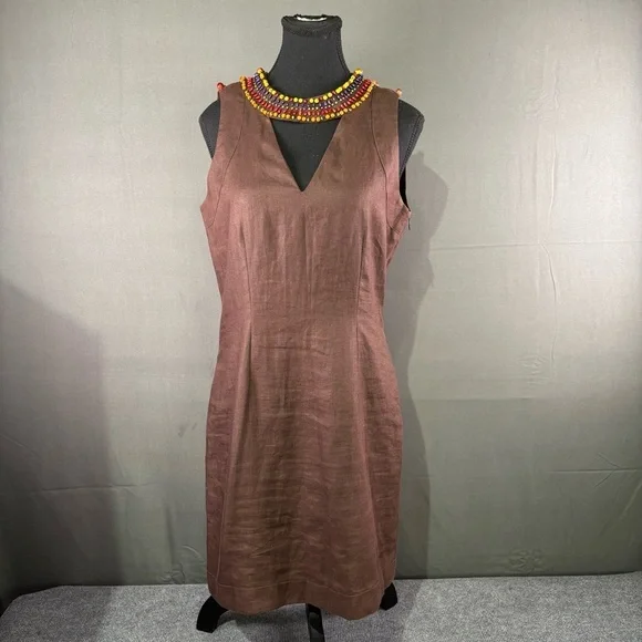 VTG Max Mara Sportmax Linen Dress Women M Beaded Neck Italy Resort Luxury Brown - Picture 2 of 14